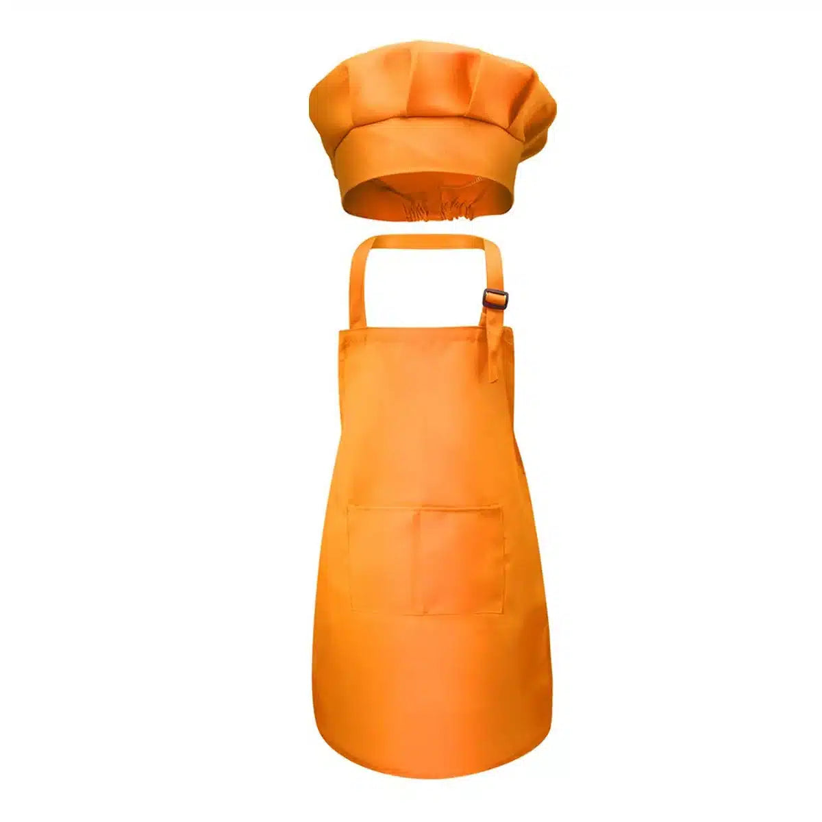 Ensemble toque et tablier de chef orange présenté sur un fond blanc.