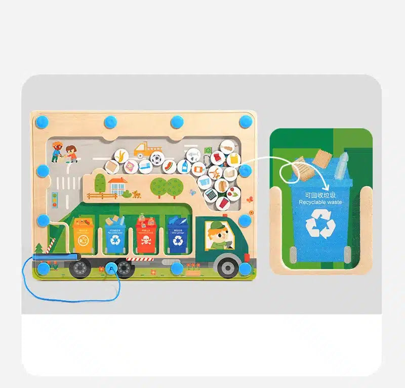 Une planche de bois avec une photo d'un camion de recyclage.