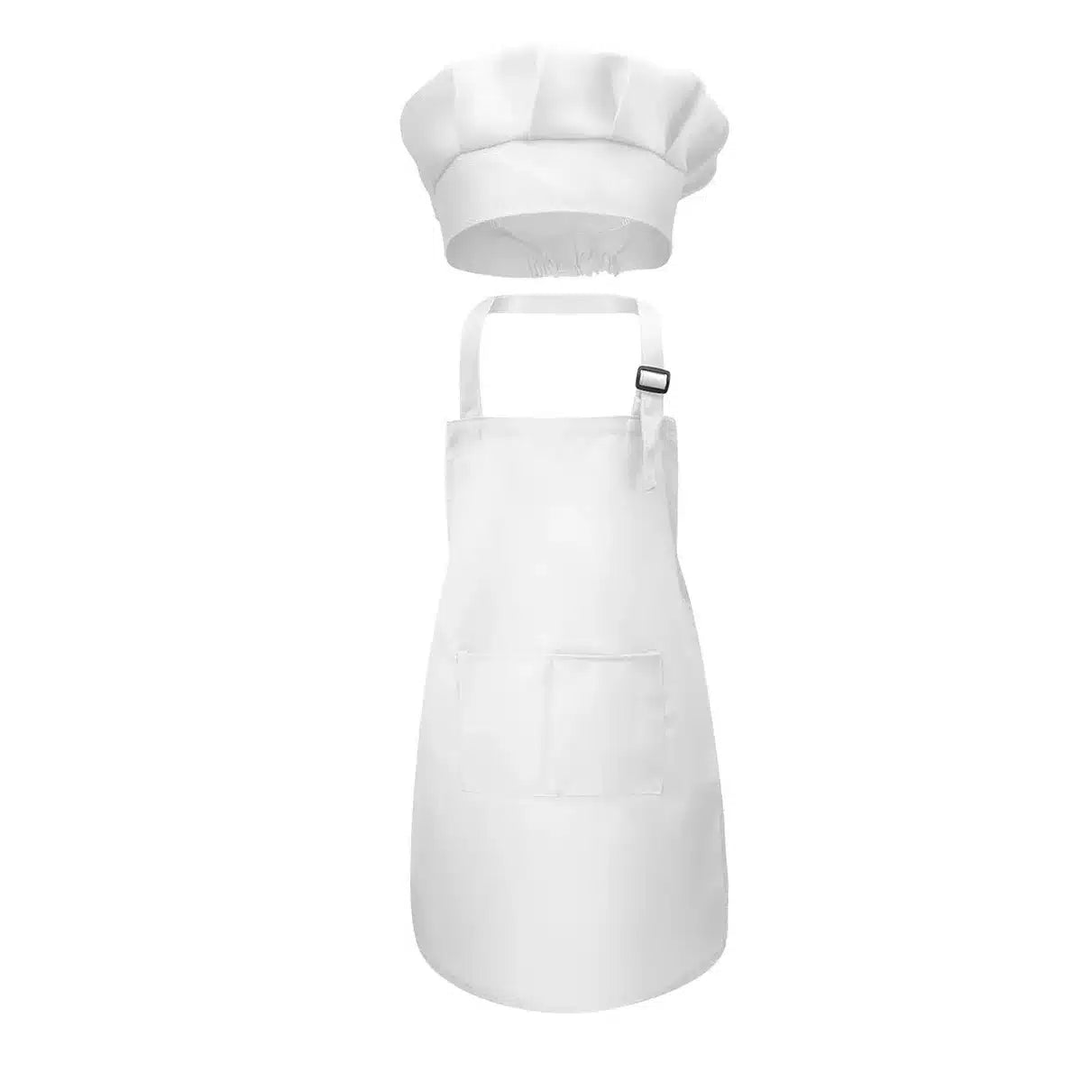 Toque et tablier de chef blancs présentés sur un fond uni.