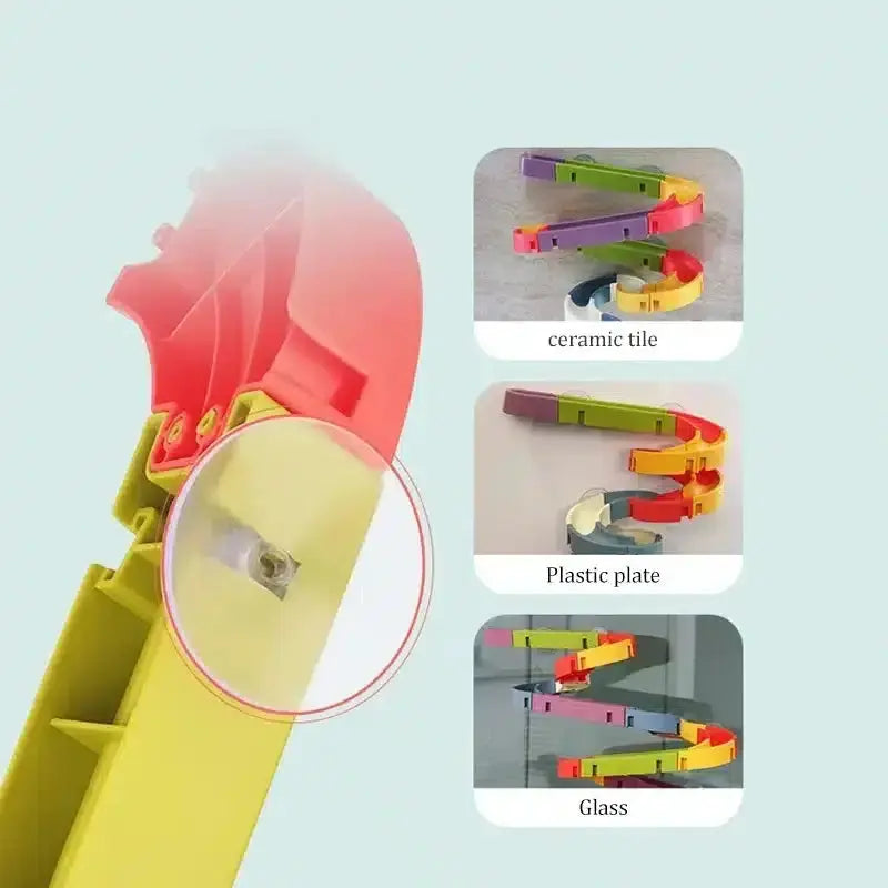 Photo d'un support en plastique de différentes couleurs, présentant un Jouet de Bain Tobogan Canard à Ventouse Baignoire.