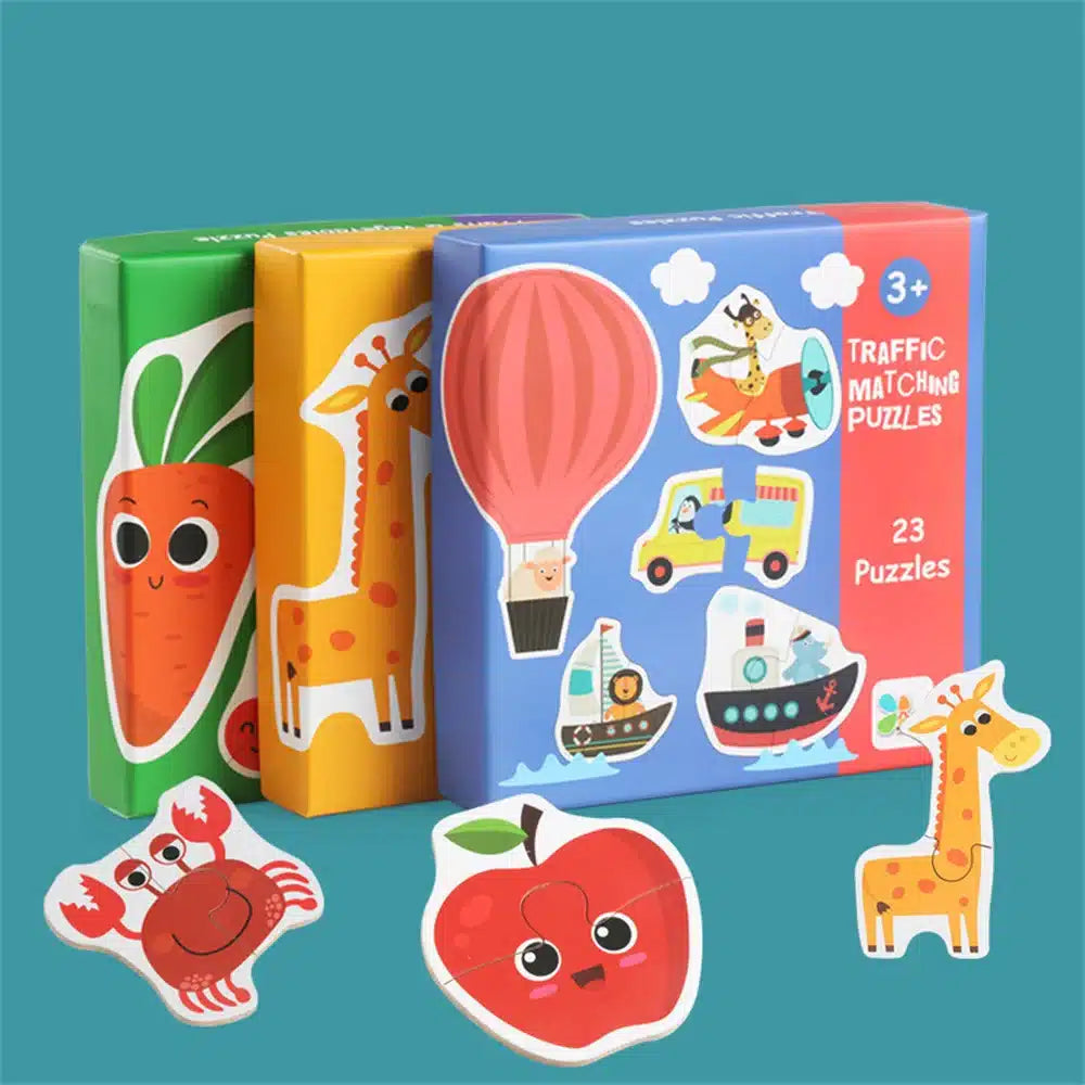 Un ensemble de puzzles pour enfants avec une girafe, une girafe, une girafe.