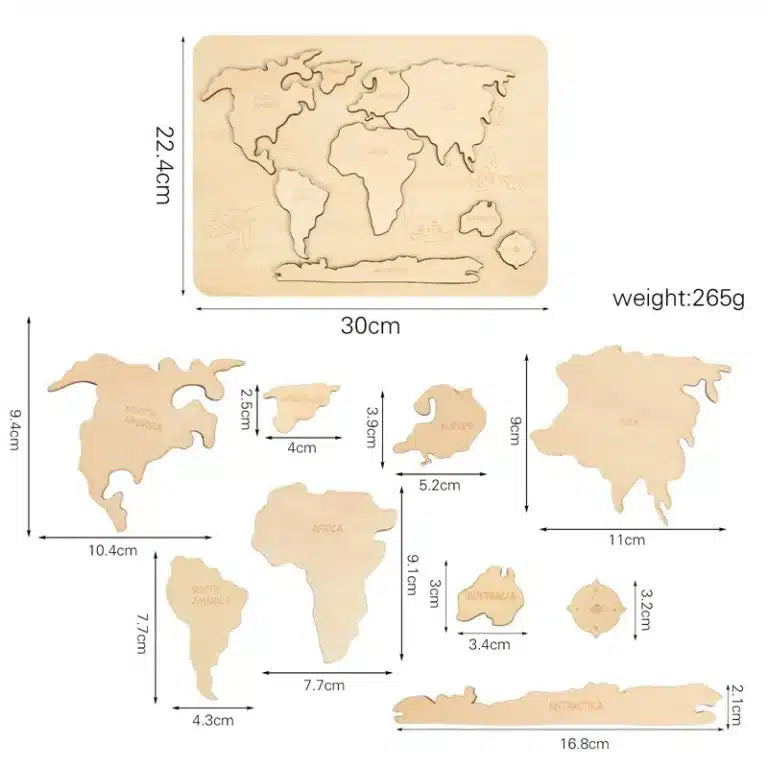 Découvrez le « Puzzle du monde en bois », une carte du monde en bois avec des continents étiquetés, inspirée de la méthode Montessori, mesurant 22,4 cm sur 30 cm et pesant 265 g. Cet outil pédagogique est un ajout léger à tout espace d'apprentissage.