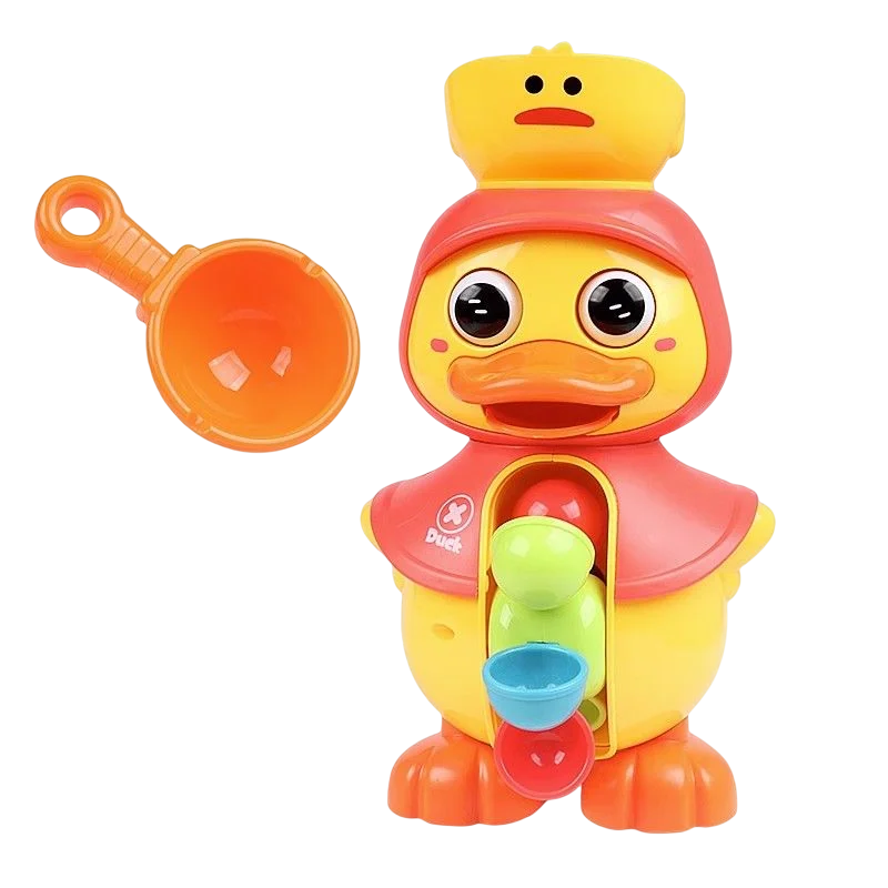 Un jouet Douche et Bain Canard Mignon avec Ventouse avec une couronne et une cuillère.