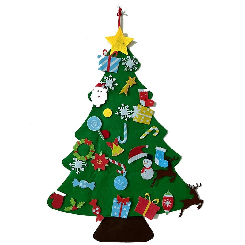 Une décoration festive des fêtes, mettant en vedette un sapin de Noël en feutre vert orné de 26 pièces.