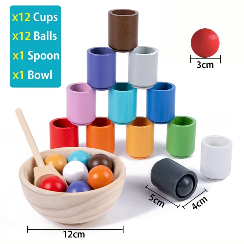 Un ensemble de Jouet en bois Montessori Boule et Tasse de Tri pour trier des boules de différentes couleurs avec des cuillères.