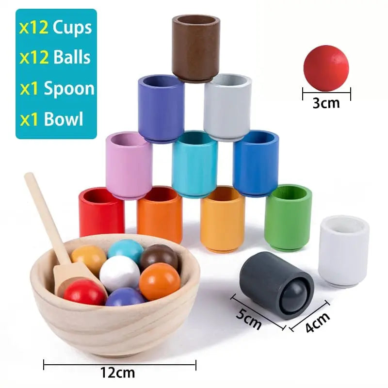 Un ensemble de Jouet en bois Montessori Boule et Tasse de Tri pour trier des boules de différentes couleurs avec des cuillères.