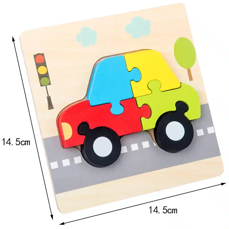 Un puzzle en bois avec une voiture dessus.