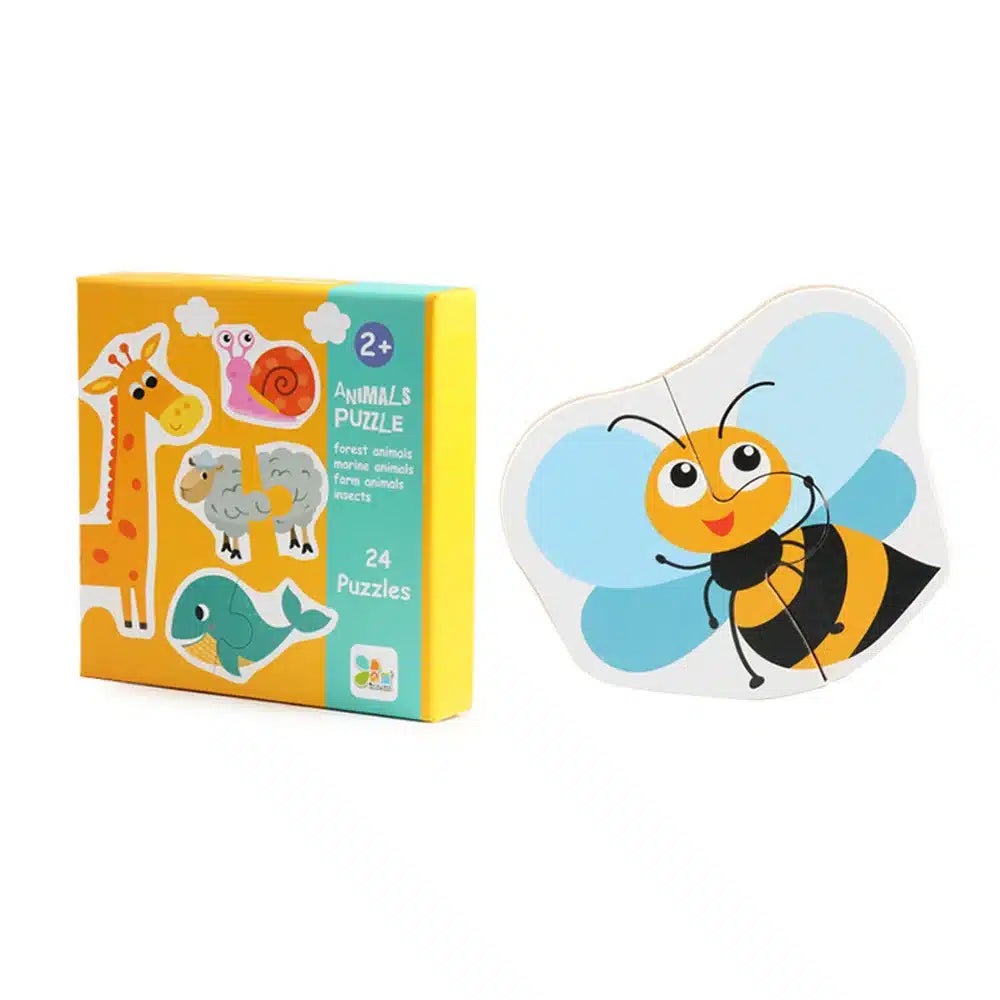 Une boîte avec une abeille, une girafe et un zèbre.