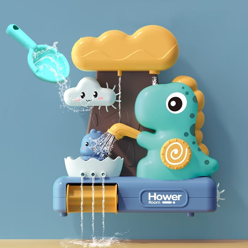 Une douche jouet avec un dinosaure dessus.