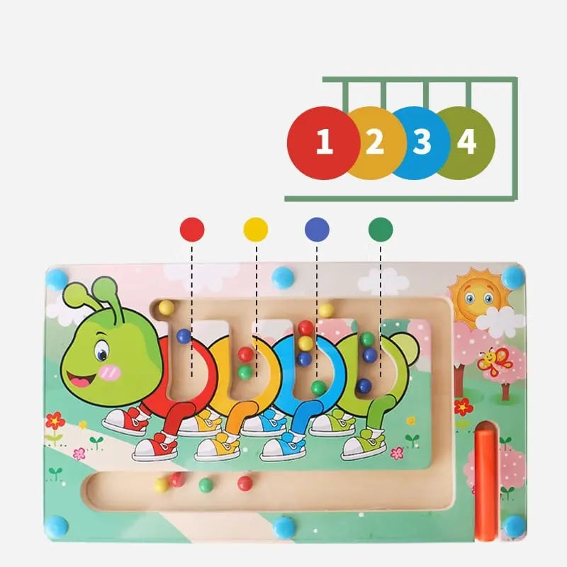 Une planche de bois avec une chenille et des chiffres dessus, faisant office de Labyrinthe Magnétique en Bois - Puzzle Montessori.