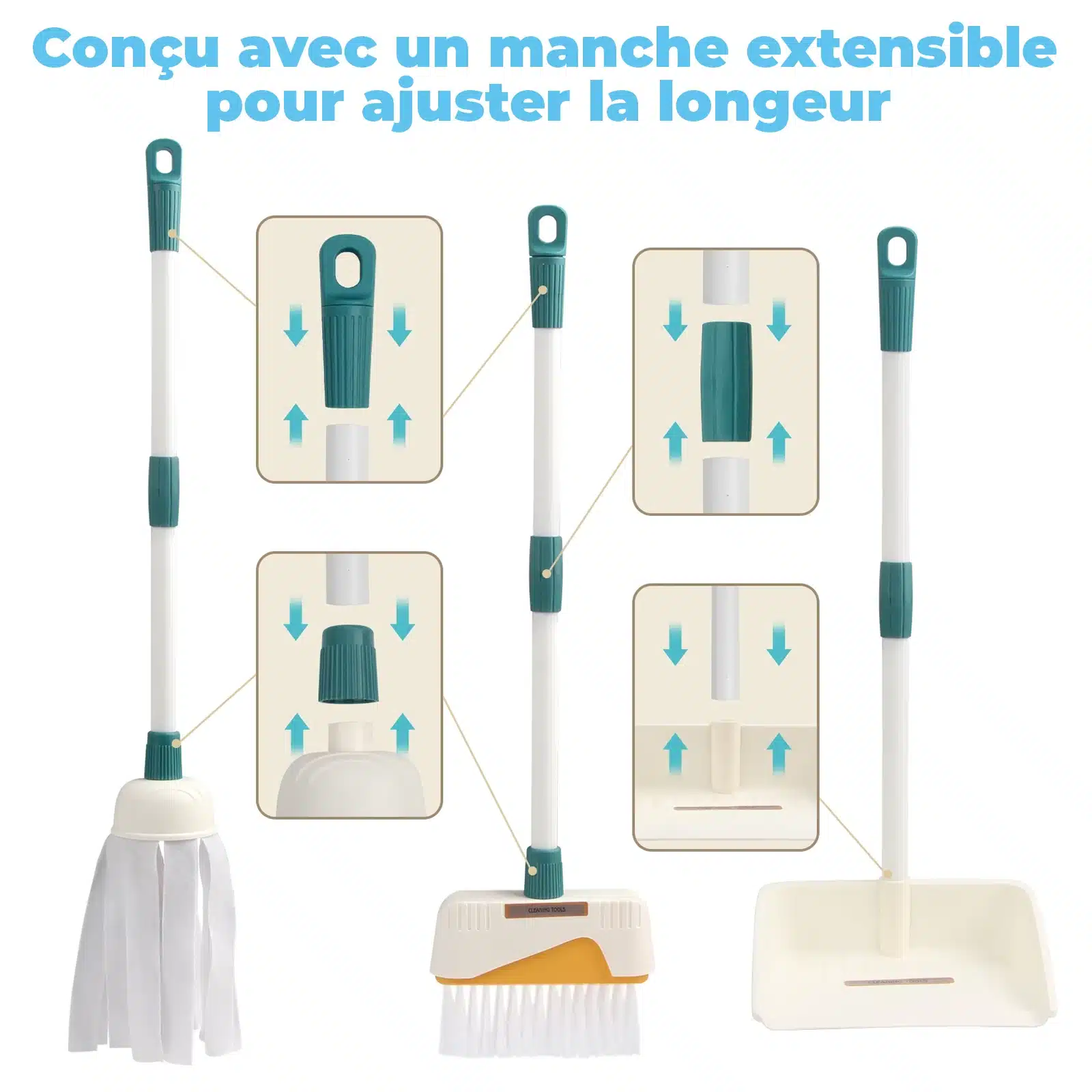 Le Set de Ménage pour Enfants - Imitation Nettoyage - 12 pièces comprend une serpillière, un balai et une pelle à poussière avec manches télescopiques réglables en longueur et texte en français. Idéal pour inspirer les plus jeunes à s'amuser à nettoyer par imitation.