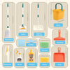 Image de Set de Ménage pour Enfants - Imitation Nettoyage - 12 pièces, comprenant des outils de nettoyage de marque française : serpillière, balai, pelle à poussière, seau, raclette, brosse, chiffons, vaporisateur, flacon de produit de nettoyage, porte-savon éponge et pelle à poussière supplémentaire pour un jeu imaginatif.
