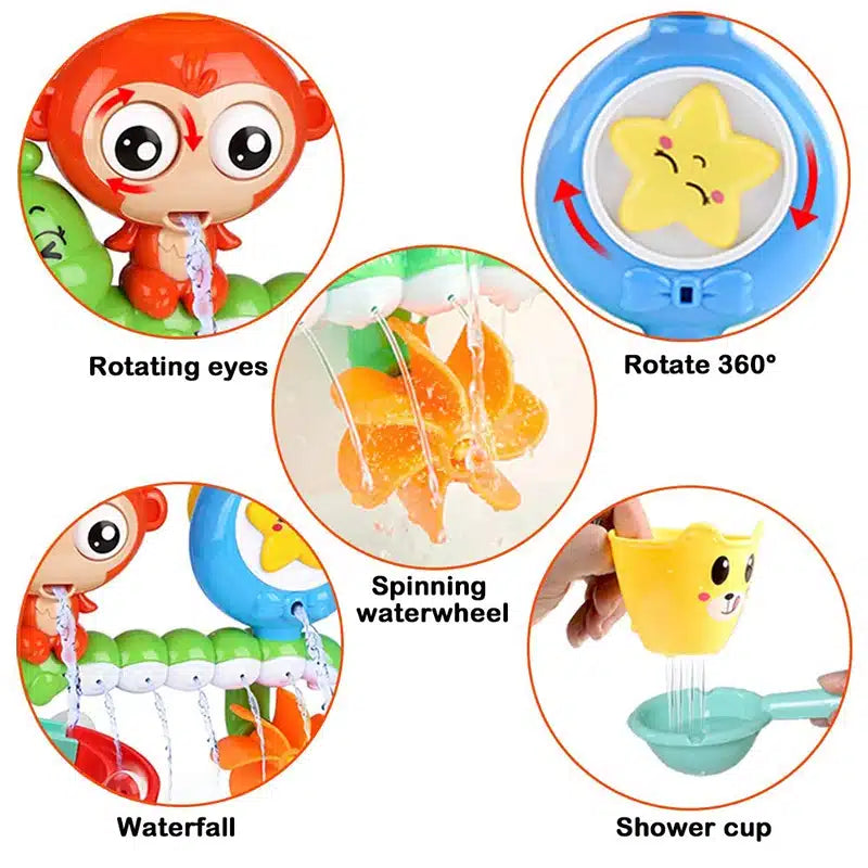 Un ensemble de photos montrant comment utiliser une "Ventouse de baignoire Jouet de Bain pour Bébé" pour un bébé.