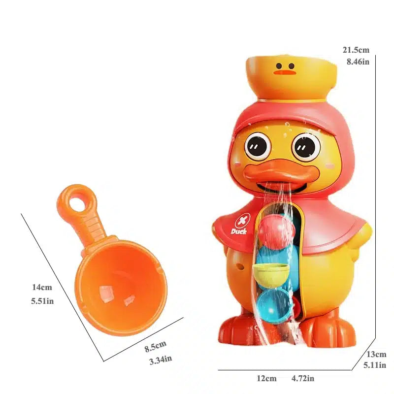 Un Jouet Douche et Bain Canard Mignon avec une cuillère doseuse à côté.