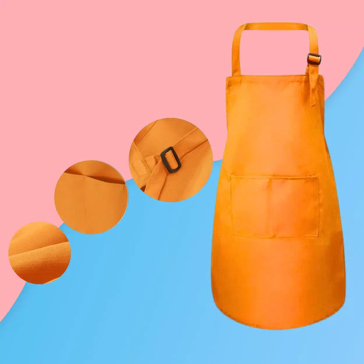 Tablier et Toque de Cuisine pour Enfant présenté en orange avec une sangle réglable et une poche frontale, sur fond rose et bleu avec des images en gros plan mettant en valeur le tissu, les coutures et les détails de la boucle.