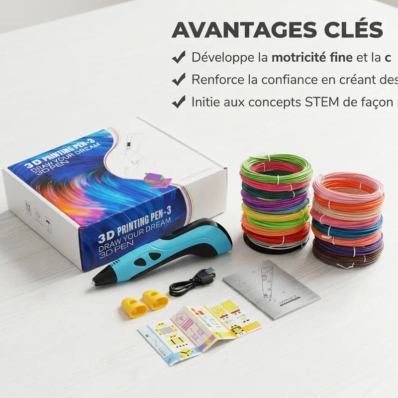 Stylo 3D Enfant - Kit Complet 200M Filament Rechargeable USB-C