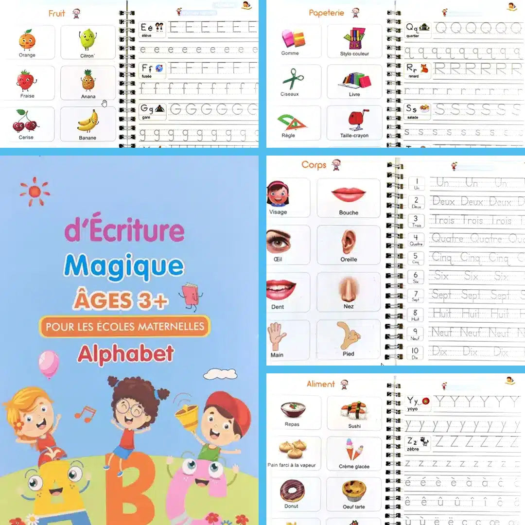 Un abécédaire pour enfants avec images et mots, offert avec le Cahier Magique | Améliorez l'écriture de vos enfants en 10 jours | Offert : 1 Stylo + 1 Grip + 5 Recharges d'Encre Magique.