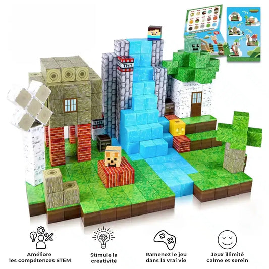 Mine Blocks - L'univers virtuel dans la vie réelle : un ensemble de construction de blocs 3D avec une maison, une cascade, des arbres, des animaux, un personnage, une fiche d'instructions et des icônes montrant les avantages éducatifs reliant les mondes virtuel et réel.