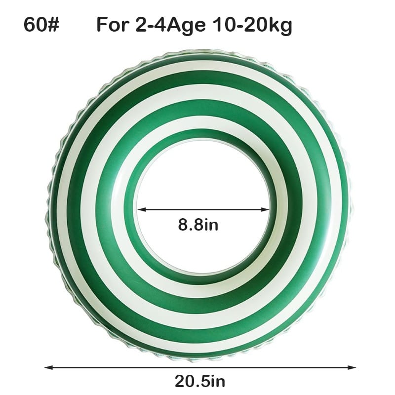 Une Bouée Gonflable 5 ans à 9 ans (20-40 Kg) à rayures vertes et blanches destinée aux enfants de 5 à 9 ans pesant entre 20-40 Kg.