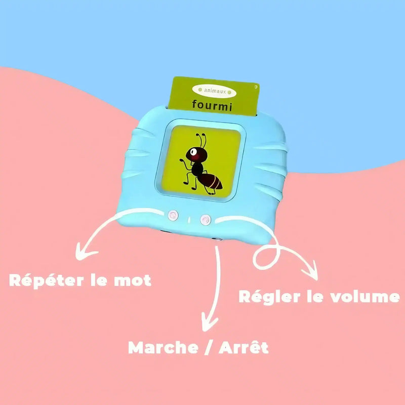 Une photo de Mes Premiers Mots - Cartes Parlantes Éducatives pour Enfants de 1 à 6 ans sur fond rose avec des éléments pédagogiques.