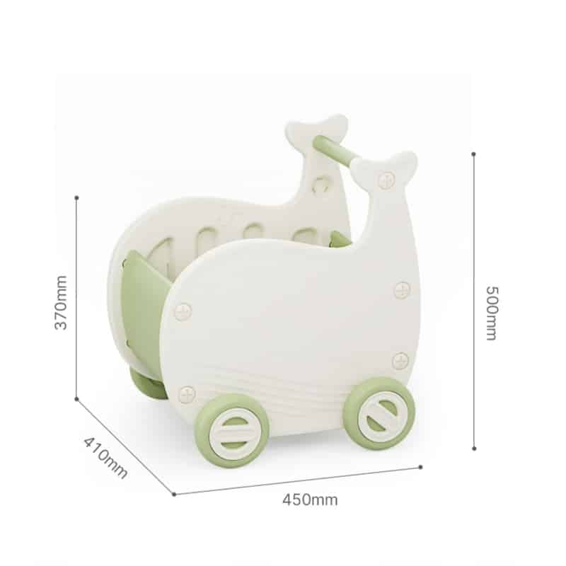 Un Chariot Marche Bébé - Baleine vert et blanc avec mesures.