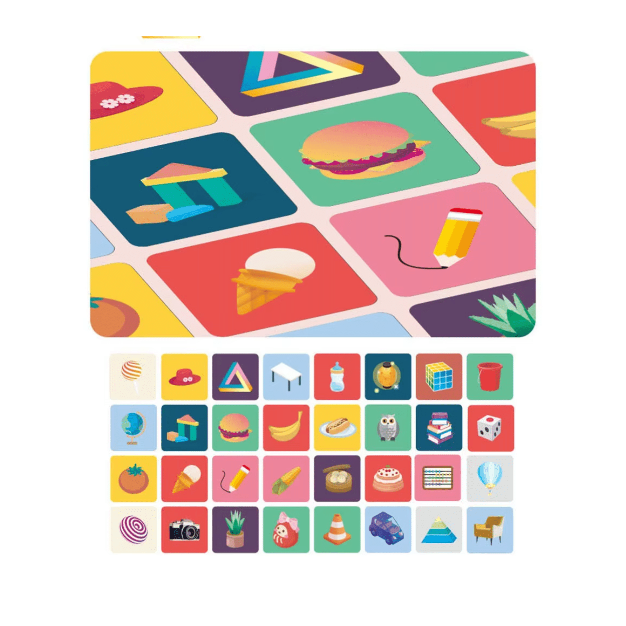 Une grille illustrée d'icônes colorées - un hamburger, un crayon, un cornet de glace, un appareil photo et des dés - sur un fond blanc rappelle parfaitement la carte imagier pour bébé Jouet Montessori.