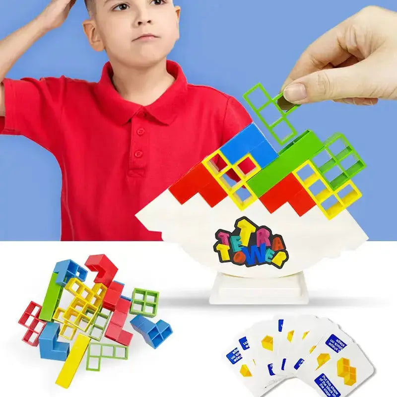 Un enfant joue avec le Tour Tetra - Jeu à Empiler d'Équilibre.