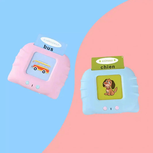 Mes Premiers Mots - Cartes Parlantes Éducatives pour Enfants de 1 à 6 ans, un jouet rose et bleu avec une photo d'un chien et d'une voiture.