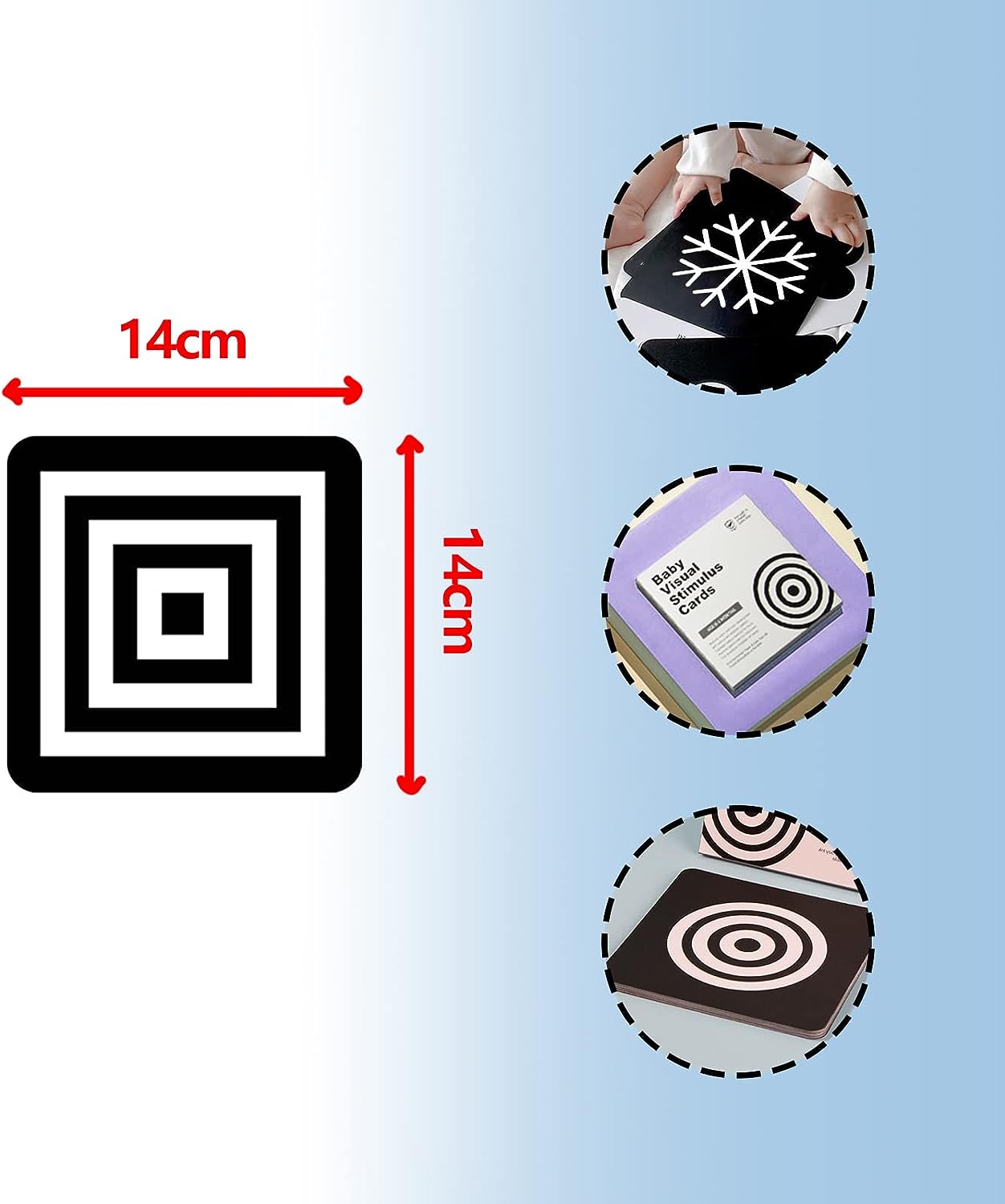 Trois images montrent quelqu'un utilisant la carte d'image pour bébé Jouet Montessori, comportant une carte d'art noire de 14 cm sur 14 cm avec des cercles concentriques et des lignes, idéale pour une exploration visuelle précoce.
