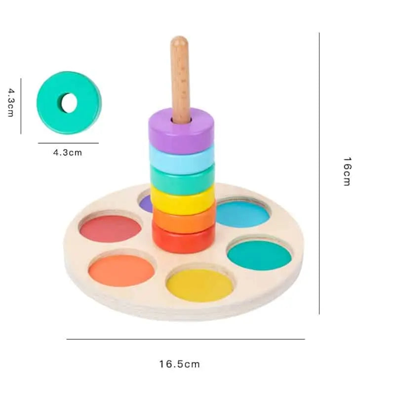 Jeu de Cercles à Enfiler : Jeu de Cercles à Enfiler est un jouet en bois coloré avec un arc-en-ciel de couleurs.