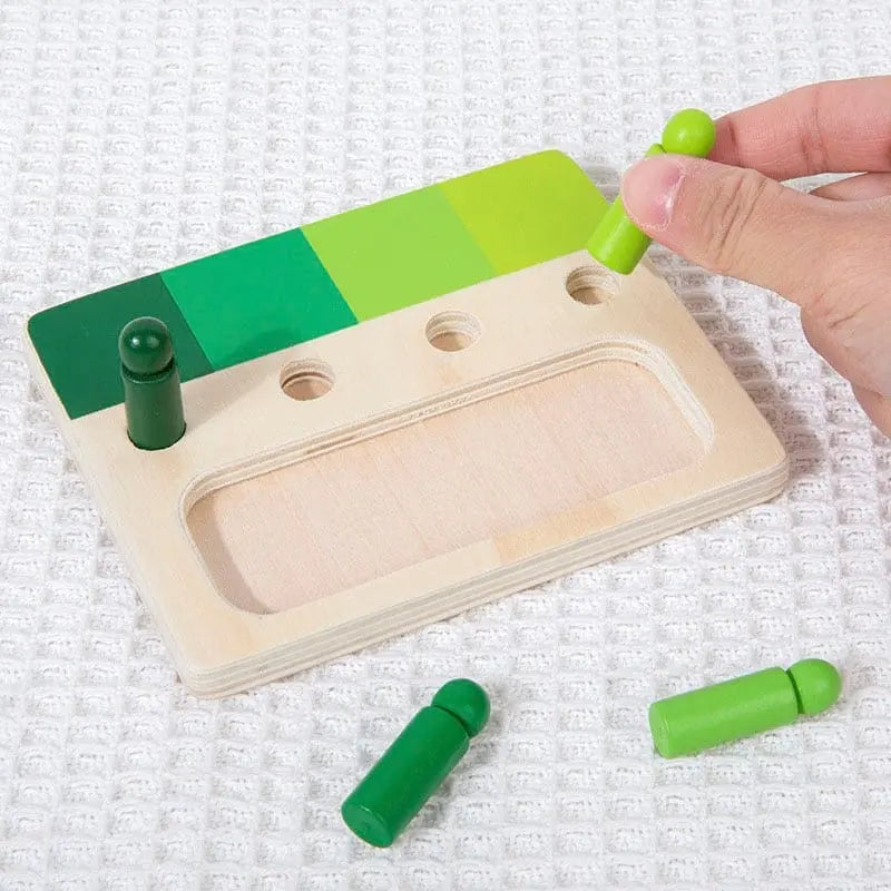 Une personne tient un Jeux de Pions en Bois - Assemblage des Couleurs, un jouet en bois avec de la peinture verte dessus.