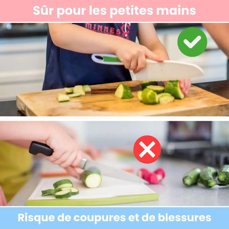 En haut : Enfant coupant un concombre en toute sécurité avec Couteaux Enfant - Kit de Cuisine Montessori 13 pièces (coche verte). En bas : Enfant utilisant un couteau de chef bien aiguisé (X rouge), montrant un risque accru de coupures et de blessures.