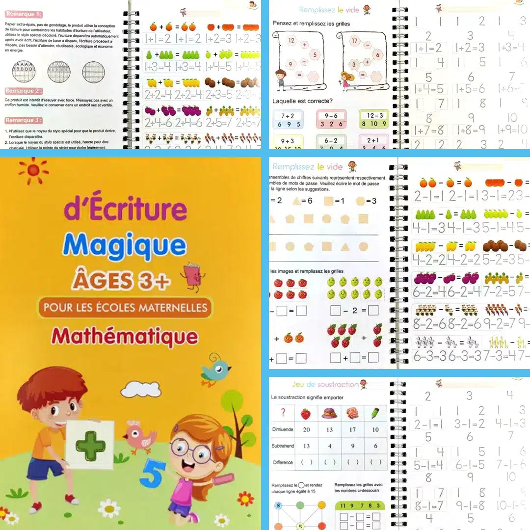 Un livre jeunesse avec des images du Cahier Magique, offert : 1 Stylo + 1 Grip + 5 Recharges d'Encre Magique.