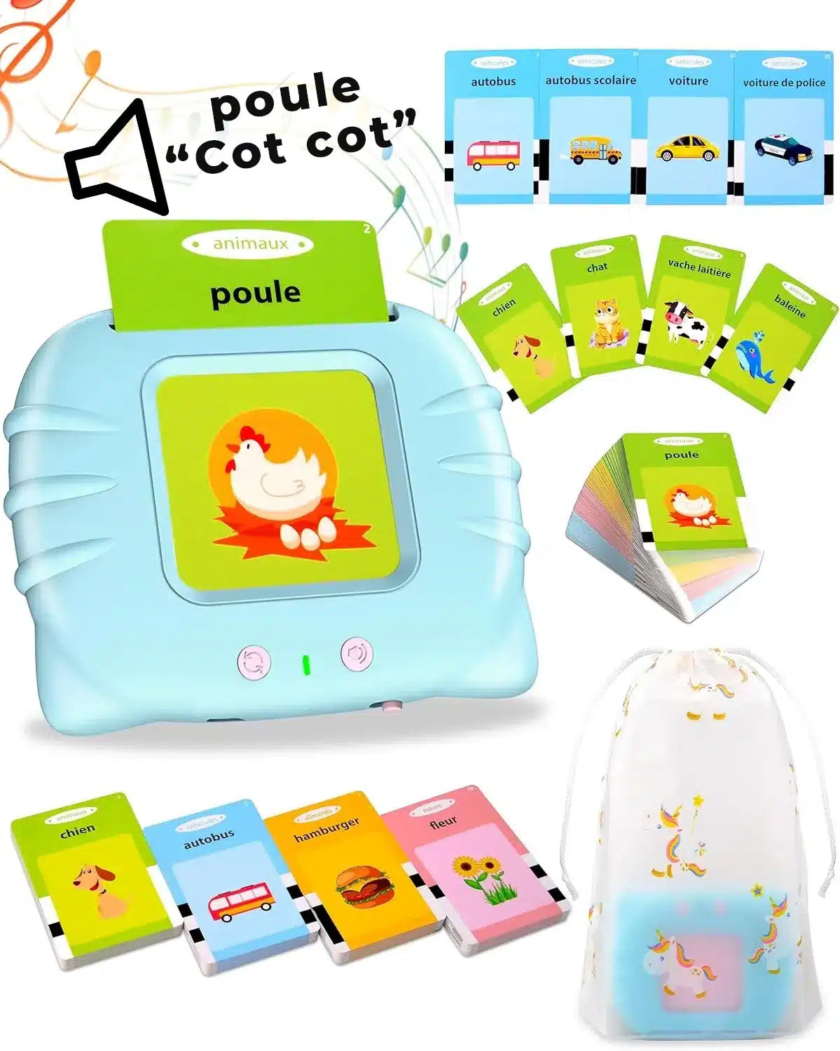 Un coffret de jouets Mes Premiers Mots et un sac avec la mention poule chat.
