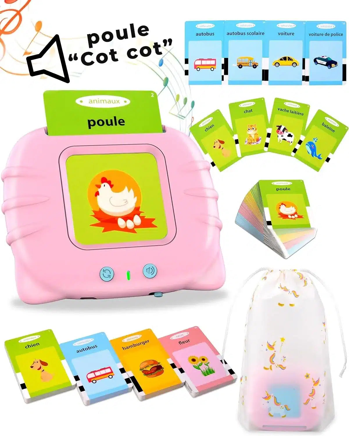 Un jouet rose avec plusieurs cartes parlantes dans un sac pour les enfants.