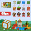 Un jeu de blocs de construction MineBlocks comprenant 68 pièces, dont des cubes d'herbe, de l'eau, des rondins, des briques et d'autres éléments, ainsi qu'un exemple de structure assemblée en bas, parfait pour créer vos propres aventures de blocs universels.