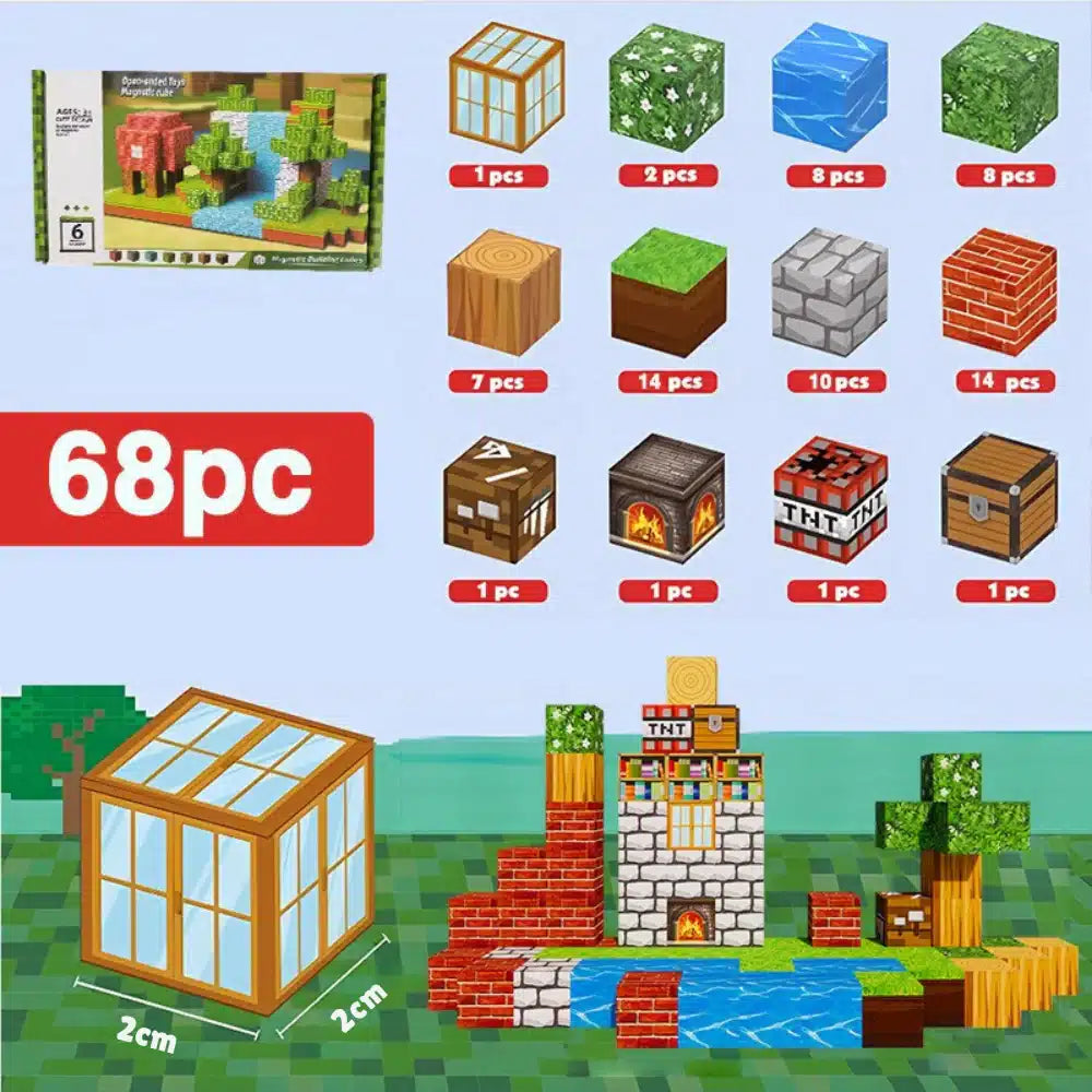 Un jeu de blocs de construction MineBlocks comprenant 68 pièces, dont des cubes d'herbe, de l'eau, des rondins, des briques et d'autres éléments, ainsi qu'un exemple de structure assemblée en bas, parfait pour créer vos propres aventures de blocs universels.