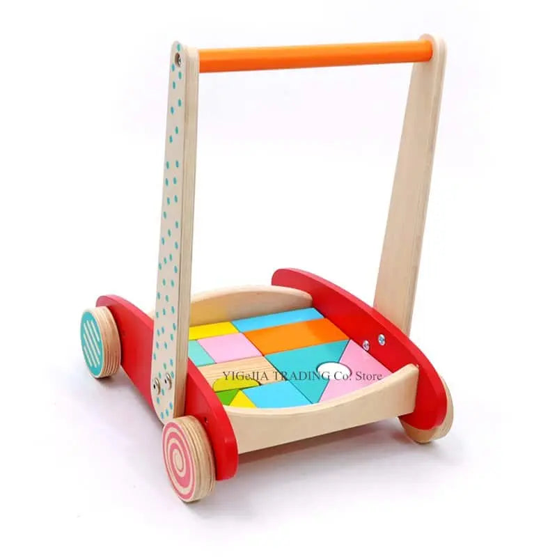 Un Pousseur Bébé - Jeu de Construction en bois avec des blocs colorés.