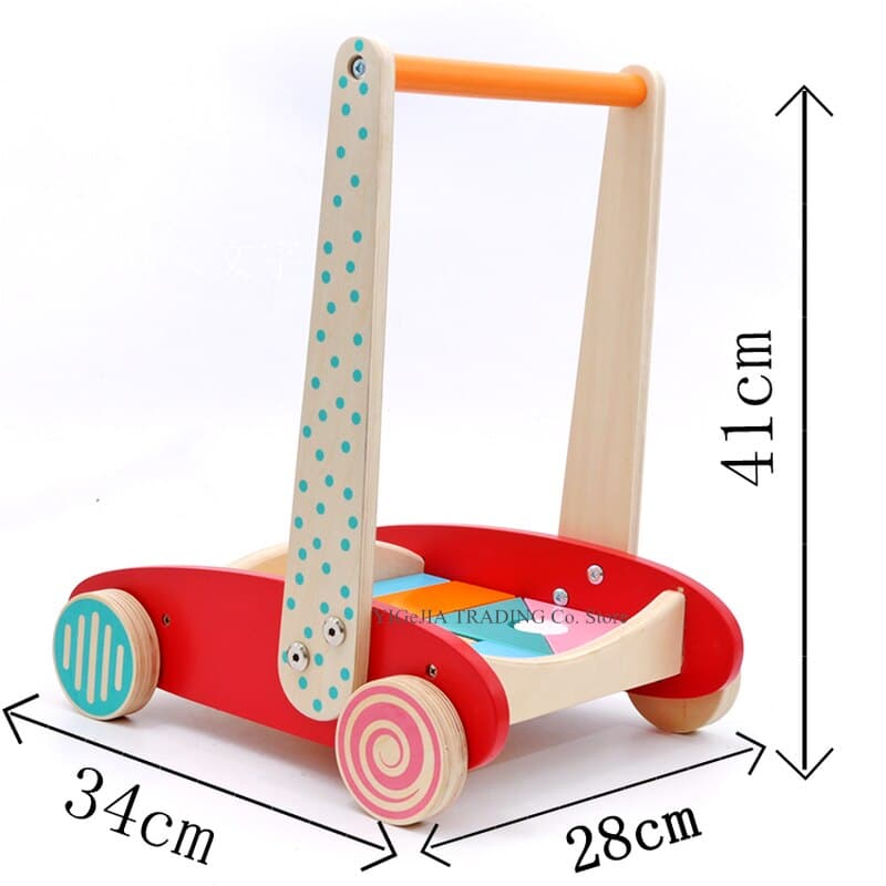 Un Pousseur Bébé - Jeu de Construction en bois avec un design à pois rouge et bleu.