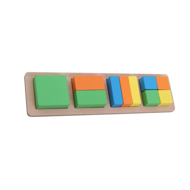 Le Puzzle préscolaire – Formes rectangles colorés propose quatre ensembles de blocs géométriques colorés de différentes tailles et hauteurs, parfaits pour les jeunes apprenants.