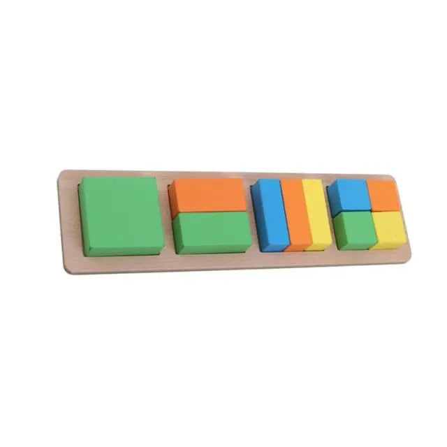 Le Puzzle préscolaire – Formes rectangles colorés propose quatre ensembles de blocs géométriques colorés de différentes tailles et hauteurs, parfaits pour les jeunes apprenants.