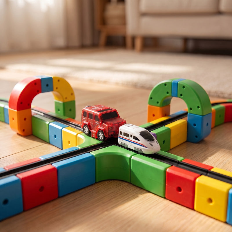 Le vehicule et le train du coffret sur un circuit Space Train