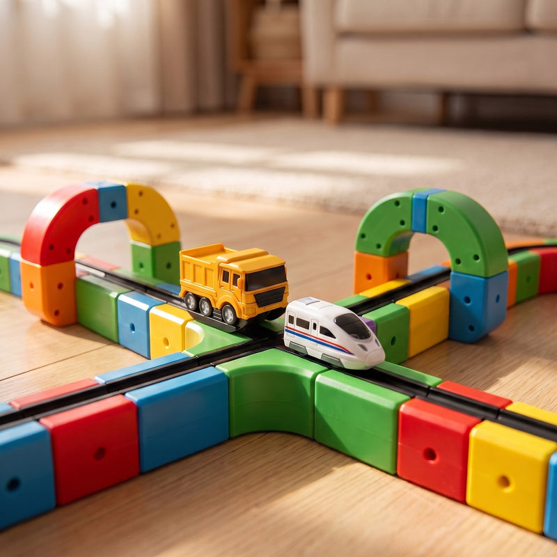 Le vehicule et le train du coffret sur un circuit Space Train