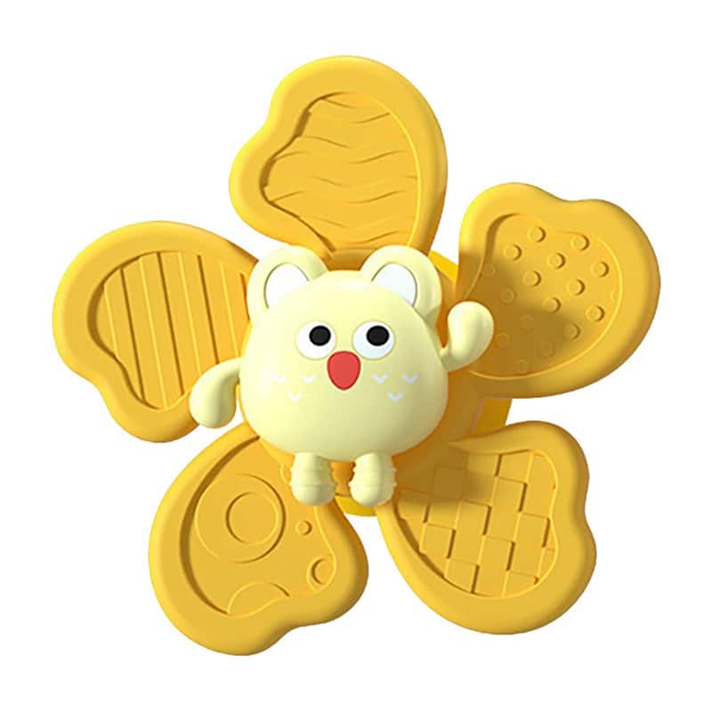 Un Spinner de Bain pour Baignoire en forme de fleur jaune avec un ours en peluche à l'intérieur.