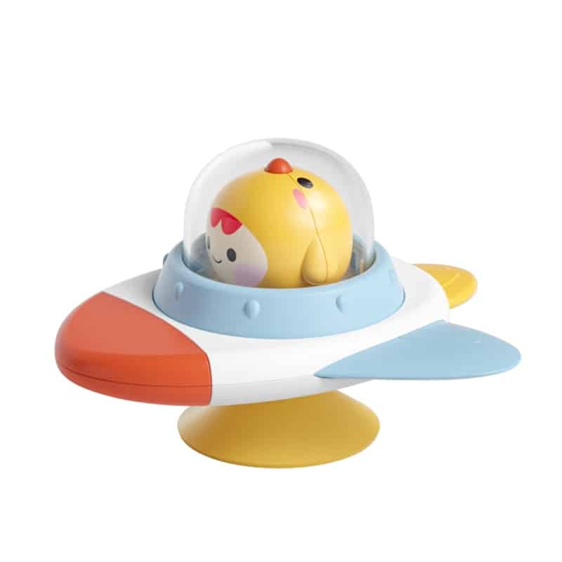 Un vaisseau spatial jouet avec un oiseau dessus, avec un Spinner de Bain pour Baignoire.