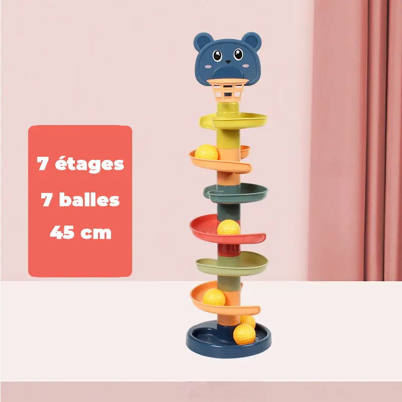 Un jouet en bois avec des balles et un ours dessus - Tour à Balles Roulantes 7 Étages - 45 cm.