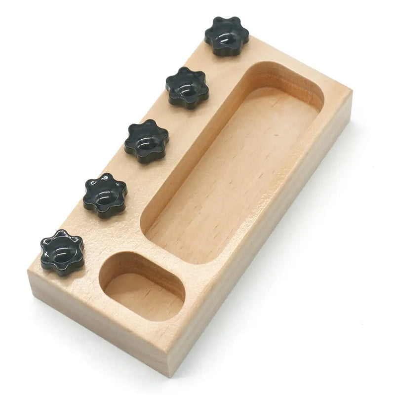 Un plateau avec cinq boutons Vrai Outils pour Enfants à Vissers.